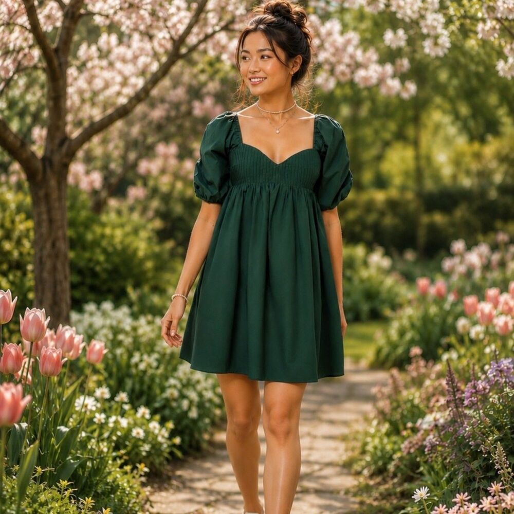 Hyacinth House Green Puff Sleeve Babydoll Mini Dress Cotton Womens XS
